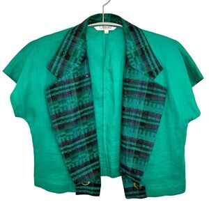 Y2K 90s ADDENDA Green Plaid Open Front Asymmetrical Crop  Blazer Jacket, Small